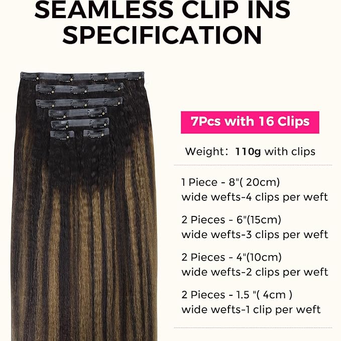 Lashey Seamless Clip in Hair Extensions Human Hair 110g 7pcs 22 Inch Black Mixed Chestnut Brown Kinky Straight Hair Extensions Real Human Hair with Invisi Edge