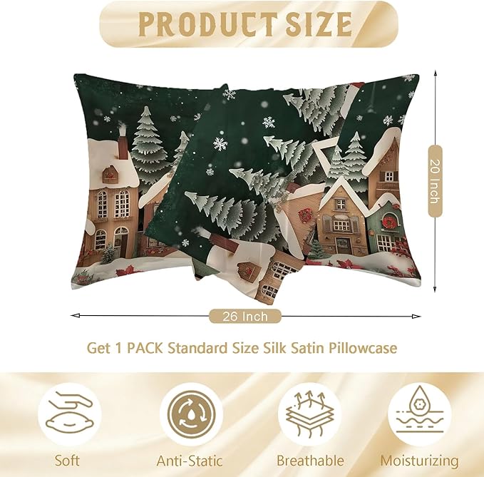 Xmas Colorful Snowy Houses Satin Pillowcase with Zipper for Hair and Skin Red Floral 1 Pack Soft Silk Pillow Case Standard Size Wrinkle-Free Smooth and Cooling Satin Pillow Cover 20”x26”