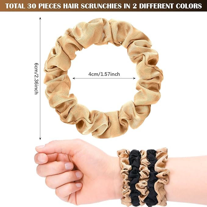 WILLBOND 30 Pcs Small Satin Silk Scrunchies Bulk for Women, Thin Hair Ties Mini Scrunchy Bands Skinny Ponytail Holders for Thick Curly Hair Pony Tails Wrist Decor(Black, Gold)
