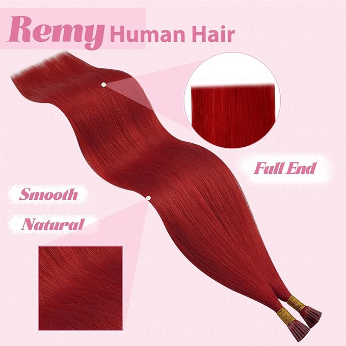 YoungSee I Tip Extensions Red 22 Inch Human Hair Extensions I Tip Pre Bonded Itips Extension Real Human Hair Red I-Tip Hair Extension Colorful 25 Strands 25g for Highlights DIY
