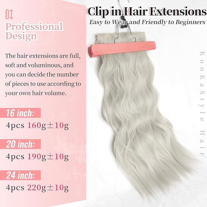 KooKaStyle Clip in Synthetic Hair Extensions Long Wavy 4PCS Thick Hairpieces Silver Grey Blonde Fiber Double Weft Natural Hair Extensions 20 Inch for Women