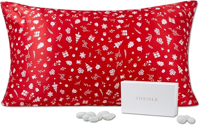 THXSILK Christmas Style 6A+ Grade Mulberry Silk Pillowcase for Hair and Skin, 22 Momme 100% Pure Silk Pillow Case with Hidden Zipper, Christmas Holly Printed Pillow Cover, Red， King