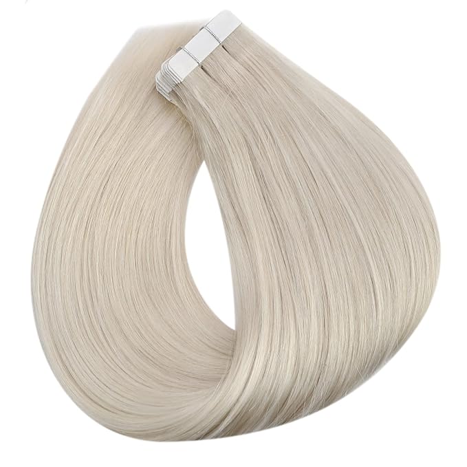 Full Shine Blonde Tape in Hair Extensions Color 1000 Blonde Remy Real Human Hair 14 Inch Double Sided Seamless Invisible Skin Weft Tape in Hair Extensions Brazilian Silky Add Volume 20 Pcs 50G