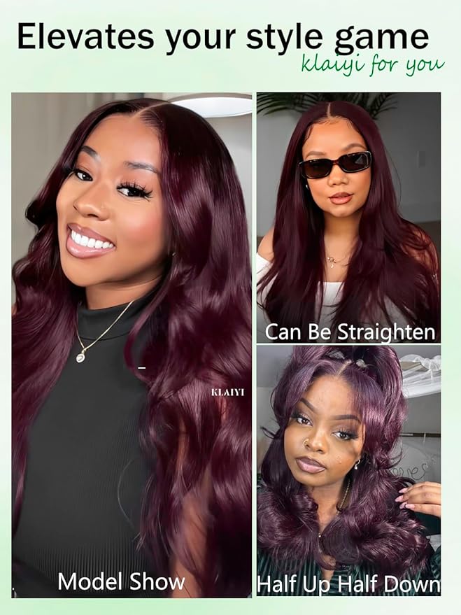 KLAIYI Black Cherry Loose Body Wave Bye Bye Knots Glueless Wig 7x5Precut Lace Front Wigs Human Hair Drawstring Pre Plucked Bleached 30S Ready to Wear and Go Wig with Face Framing Bangs Burgundy 14Inch
