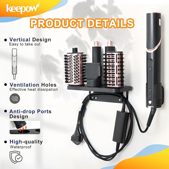 KEEPOW Hair Dryer Holder Compatible with Shark FlexStyle, Wall Mount Hair Dryer Organizer Blow Dryer Holder, Storage Rack with Cord Hanger for Attachment Curlers Brushes Diffuser Accessories