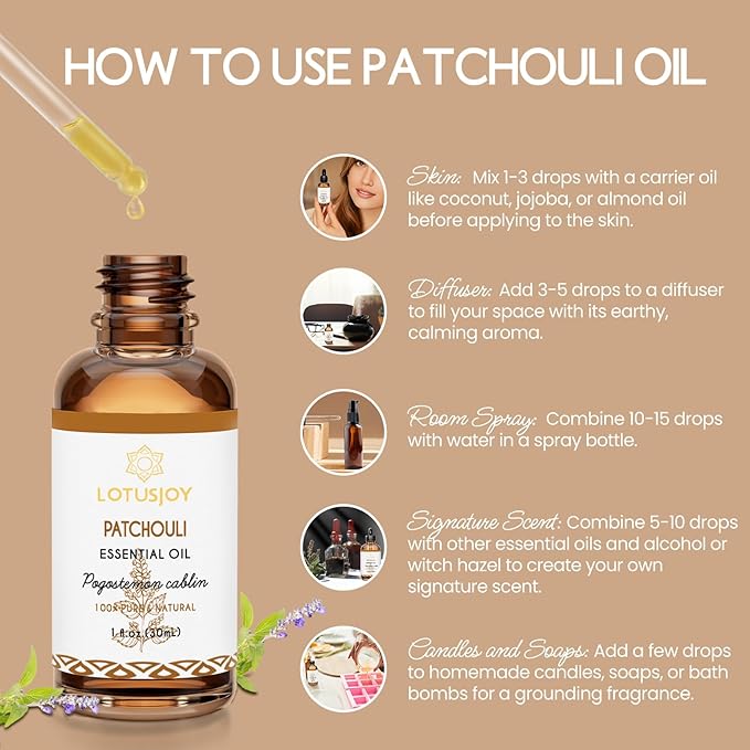 Patchouli Essential Oil for Skin Hair Diffuser, 100% Pure Natural Patchouli Oil for Room Spray, Roll On, DIY Candles & Soap Making - 1 Oz