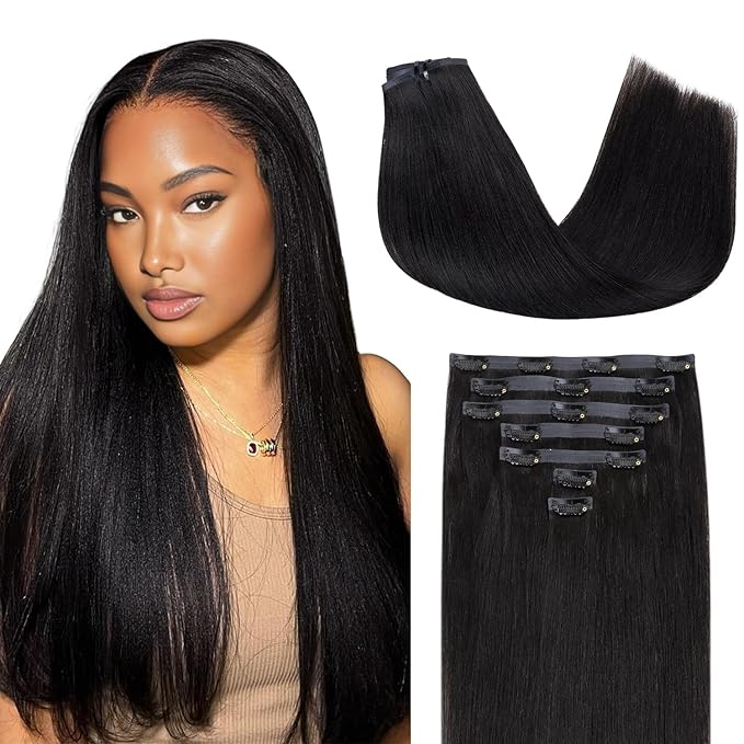Lashey Yaki Straight Clip in Hair Extensions Real Human Hair #1 Jet Black Seamless Clip in Hair Extension Human Hair 7Pcs 110g 20 Inch PU Weft Natural Hair for Women