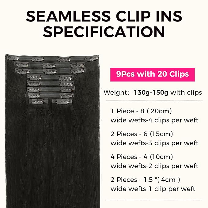 Lashey Clip in Hair Extensions Real Human Hair Seamless Hair Extensions, 9pcs 150g Straight Hair Natural Black #1B 20 Inch Clip in Hair Extension Remy Thick Human Hair with Soft PU Weft