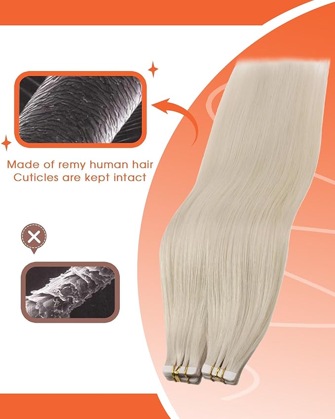 Sunny Hair Tape in Hair Extensions Real Human Hair Invisible Remy Hair Extensions Tape ins for Women White Blonde 16 inch 25G