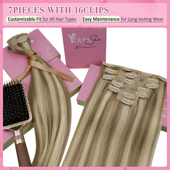 YoungSee Highlights Clip in Hair Extensions Human Hair Brown Highlight Clip in Extensions Light Brown with Blonde Real Hair Extensions Clip in Human Hair Easy to Wear 7Pcs 120G 20Inch