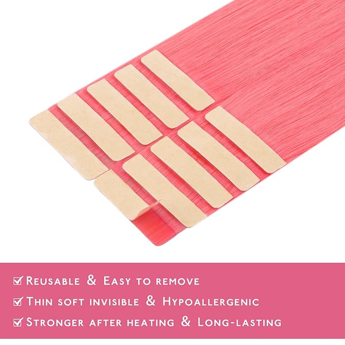 WENNALIFE Tape in Hair Extensions Human Hair Light Pink Tape in Extensions, 10pcs 20g 10 inch Remy Invisible Tape Ins Straight Colored Soft Real Human Hair Tape in Extensions Refill Set Extensions