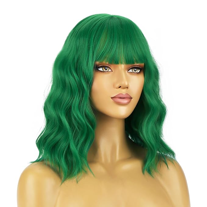 BERON 14 Inches Emerald Green Wig for Women Short Curly Green Wigs with Bangs for Daily Party Hairnet Include