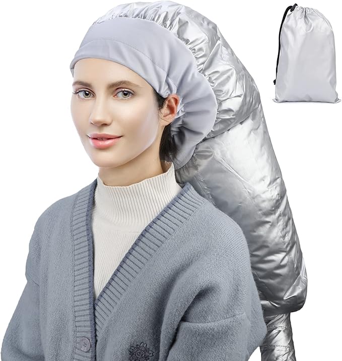Segbeauty Bonnet Hooded Hair Dryer Attachment, Extra Large Upgraded Drying Heat Cap with Elastic Strap, Adjustable Deep Conditioning Cap for Natural Curly Textured Hair Care Styling Fast Drying Sliver