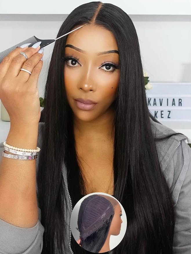 Julia Hair No Slip Yaki Straight 7x5 Lace Closure Glueless Drawstring Wig Flexible Mesh Cap Bye-Bye Slip Pre Cut HD Lace Front Pre Everything Bleached Knots Wear and Go Wig,Zero Slip Hold 22 Inch