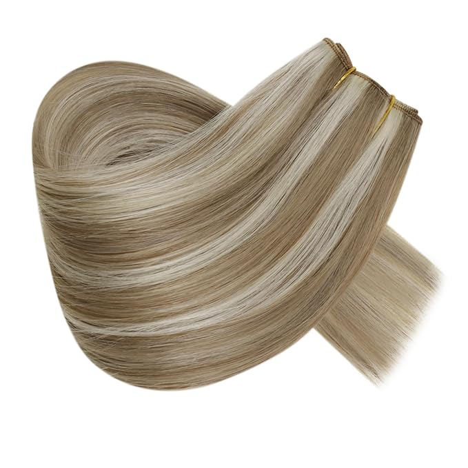 RUNATURE Wire Human Hair Extensions, Blonde Highlight Fish Line Hair Extensions Real Human Hair, Smooth Remy Hair for Women, One Piece Clip in Wire Hair Extensions 18 Inch 80g #8P24