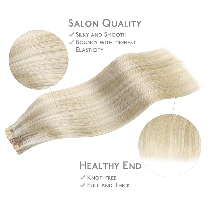 WENNALIFE Tape in Hair Extensions Human Hair, 40pcs 60g 10 inch Ash Blonde Highlighted Platinum Blonde Hair Extensions Real Human Hair Straight Tape in Extensions Invisible Human Hair Extensions