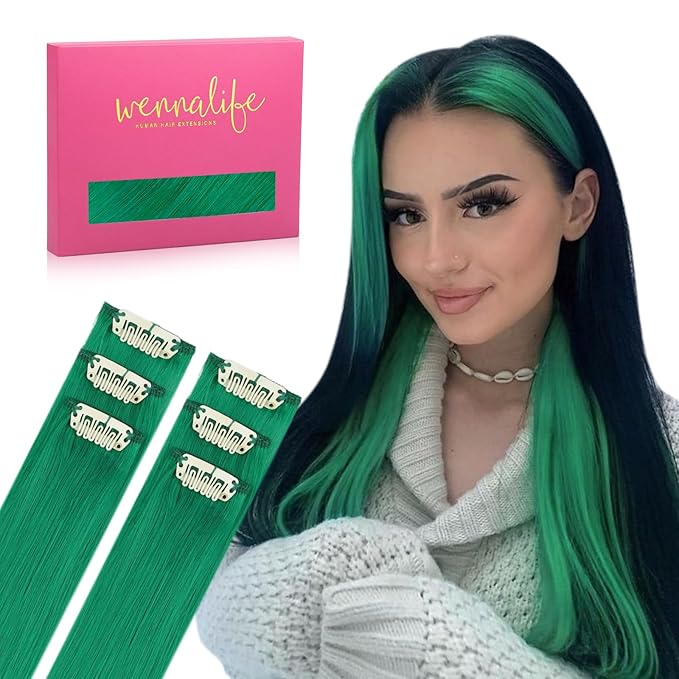 WENNALIFE Green Clip in Hair Extensions Real Human Hair 35g 6pcs 18 Inch Colored Hair Extensions for Kids Women Colorful Hair Pieces Pop-up Style Straight Extensiones De Cabello Humano Con Clip