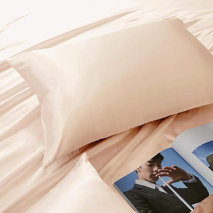 Champagne Satin Pillowcase Queen Size Set of 2 for Hair and Skin, Champagne Silk Pillowcase Breathable Pillowcase with Envelope Closure