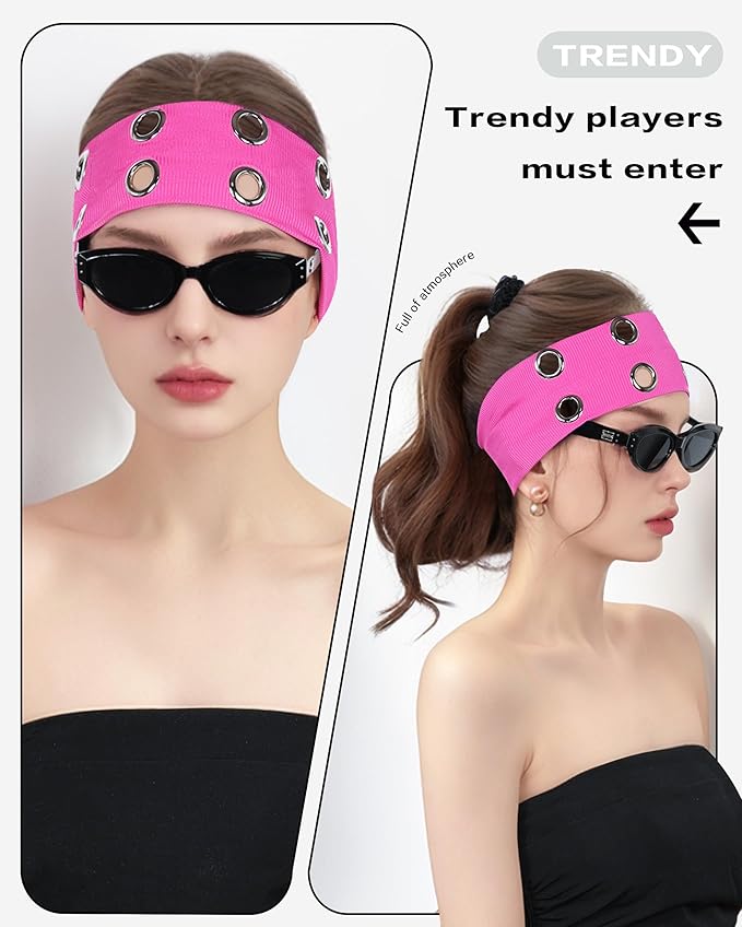 Grommet Headband for Women, Hot Pink 23cm Hollow Out Elastic Hair Band, Eyelets Punk Grunge Stylish Hairband