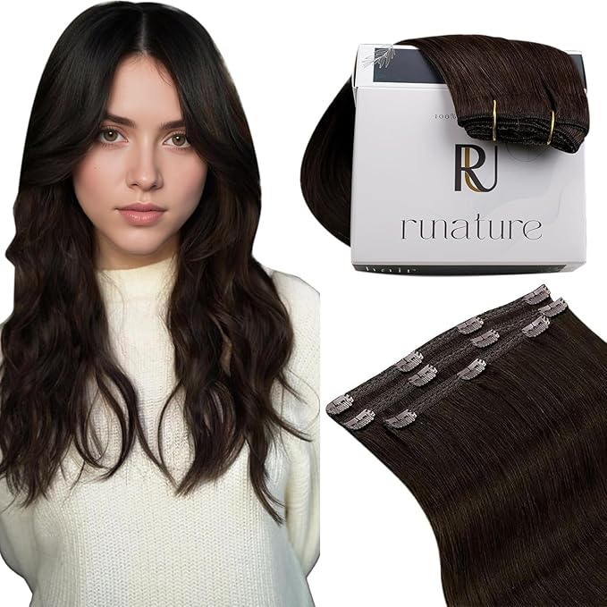 RUNATURE Clip in Hair Extensions Real Human Hair, Brown Hair Extensions Clip Ins, Double Weft Human Hair Clip in Extensions, Remy Natural Hair, Add Hair Length, 18 Inch 50g 3pcs #2 Dark Brown