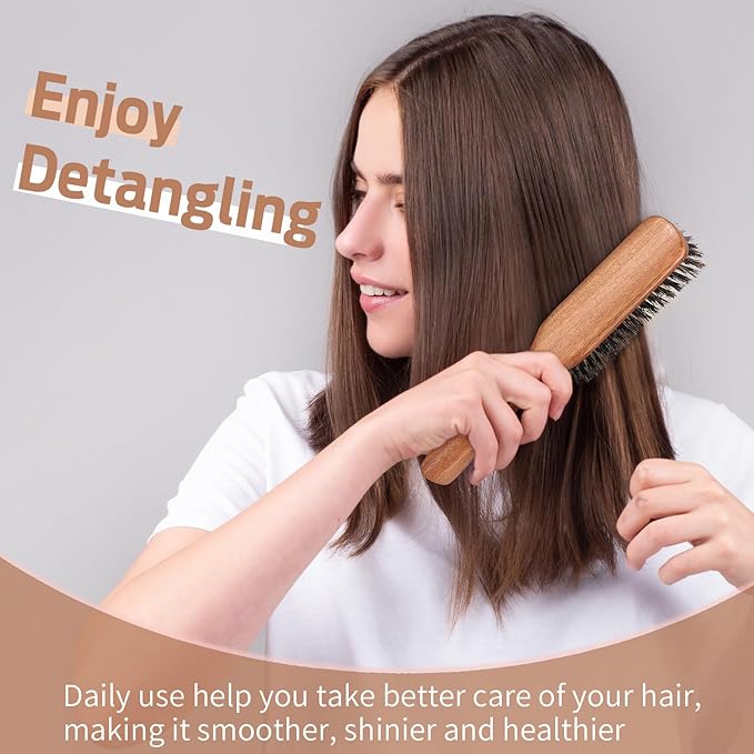 BRUSHZOO Hair Brush, Boar Bristle Hair Brush for Women Men Short Thin Fine Hair, Beech Handle Hairbrush for Styling Smoothing