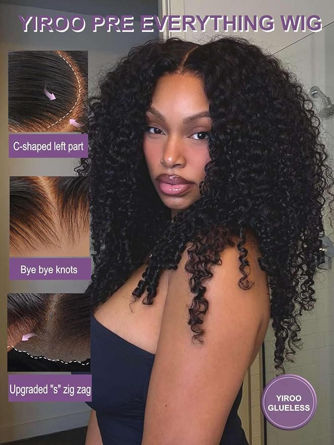 YIROO Burmese Bye Bye Knots Curly Wig Human Hair with Finger Coil Ends,Glueless Wig Human Hair Pre Plucked Pre Cut 7x5 Lace Front Wig Pre Bleached Wear and Go Beginner Friendly 150% Density 22Inch