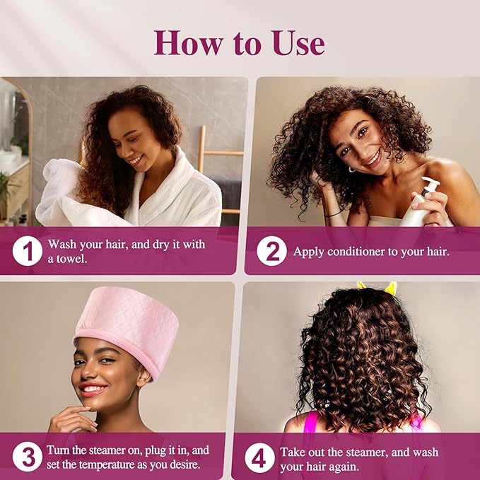 Heat Cap for Deep Conditioning: 10-Level Heats Up Quickly 3 Time Settings Hair Steamer for Natural Hair Home Use Thermal Steam Cap for Black Hair Portable Heating Caps Pink
