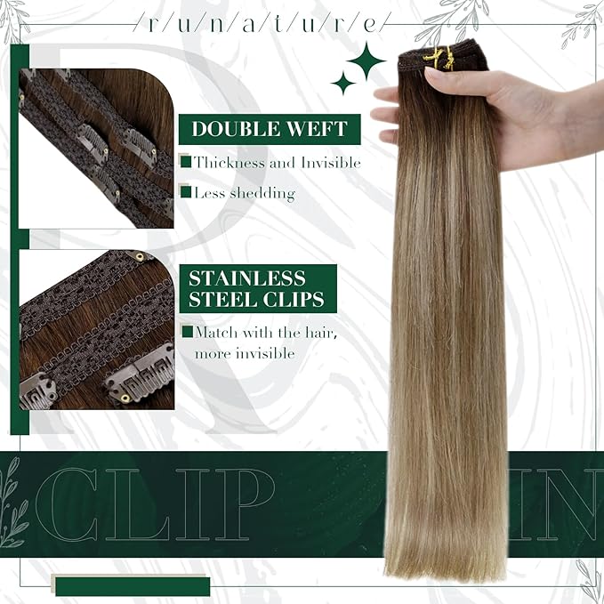 RUNATURE Clip in Hair Extensions Human Hair Balayage Clip in Human Hair Extensions for Women Soft Remy Natural Hair Straight 10 Inch 50g 3pcs #3/8/22 Walnut Brown to Blonde Balayage