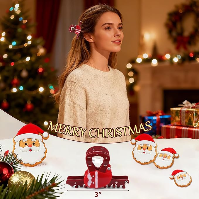 Premium Christmas Red Hair Clips for Women, Christmas Hair Claw Clips for Girls, Original Italian Designed Strong Hold No Slip Claw Clip with Gift Box SANTA SMILES-L