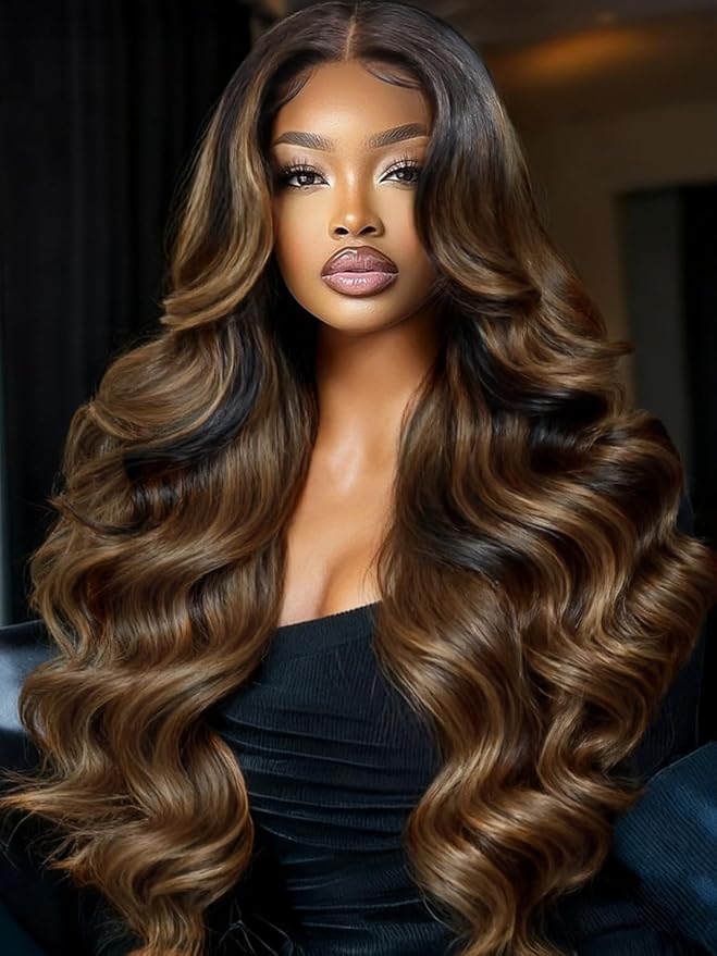 KLAIYI Ombre Brown Body Wave Lace Front Wigs Human Hair Highlight Balayage 13x4x1 T Part Ear to Ear Lace Wig Pre Plucked with Baby Hair Easy to Wear and Go Wigs for Black Women Natural Hairline 24Inch