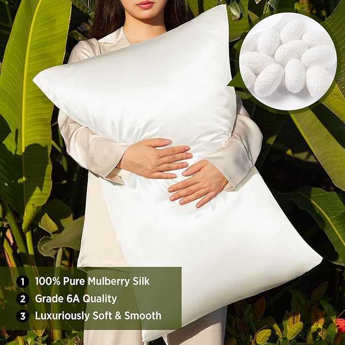 Utukky 100% Mulberry Silk Pillowcase 22 Momme - Ultra Premium 6A Grade Silk Pillow Case - Envelope Enclosure - Breathable Cooling Pillow Cover