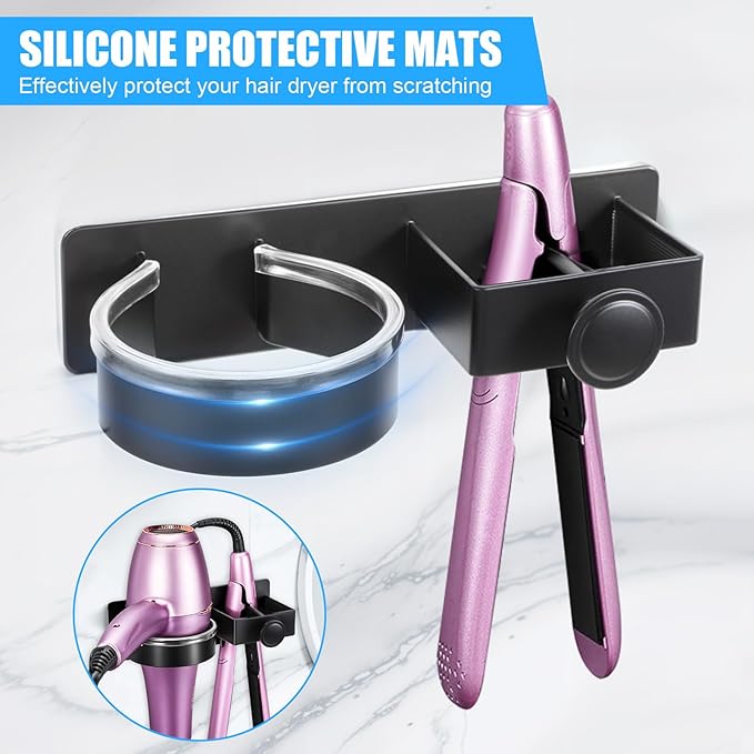 Hair Straightener Holder Wall, Thickened Blow Dryer Holder Wall Mounted Stainless Steel Hairdryer Holder for Bathroom, Hair Tools Organizer & Storage Curling Iron Holder (Black)