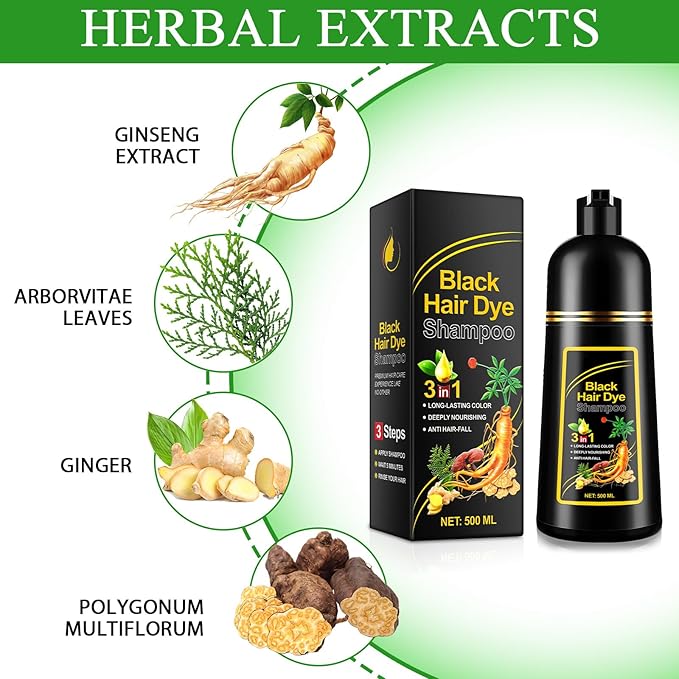 ALIVER Hair Dye Shampoo (Black) - 3-in-1 Natural Herbal Essence: Coloring, Nourishing, and Hair Growth Promoter - 500ml, Hypoallergenic and Harmless for Scalp Care