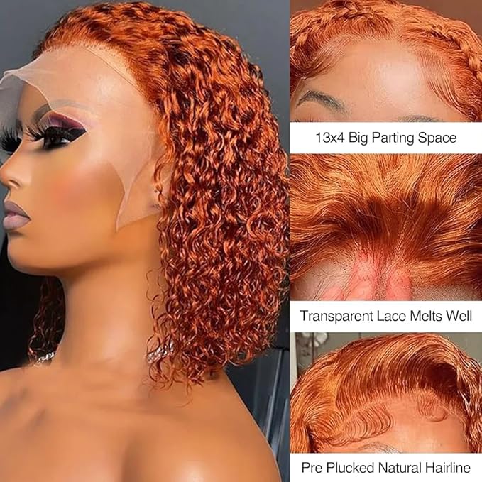 GOLFMAX Ginger Water Wave Bob Wig Human Hair Transparent HD 13x4 Lace Front Human Hair Wig 10 Inch Short Bob Wig Glueless Wigs Human Hair Pre Plucked With Baby Hair