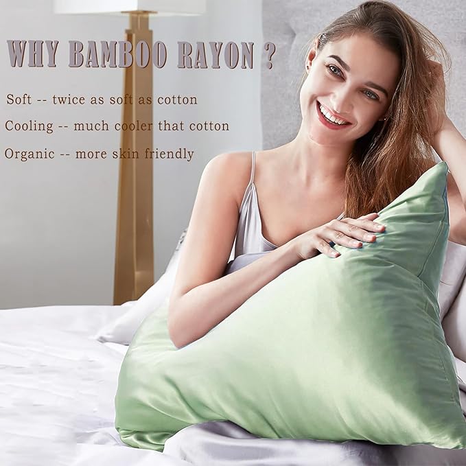 TELUS Pillow Cases Queen Size 2 Pack, Bamboo Rayon & Lyocell Pillowcase with Envelope Closure, Cooling Breathable Pillow Cover for Hot Sleeper & Night Sweats, 20x30 inch, Sage Green