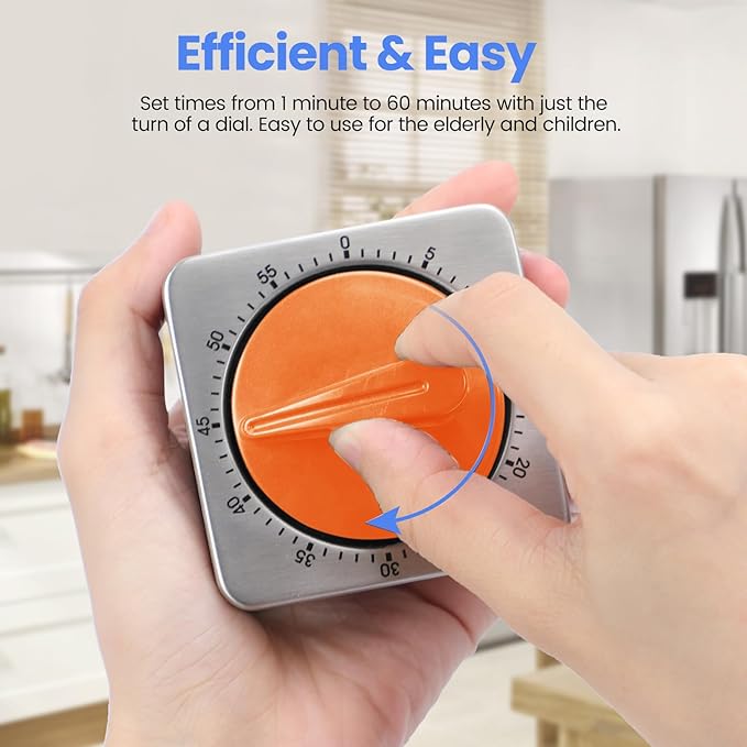 Orange Kitchen Timers for Cooking, Chef Cooking Timer Clock with Loud Alarm,100% Mechanical Desk Timer - No Batteries Required - Magnetic Backing, Exquisite Stainless Steel Body - Countdown Reminder