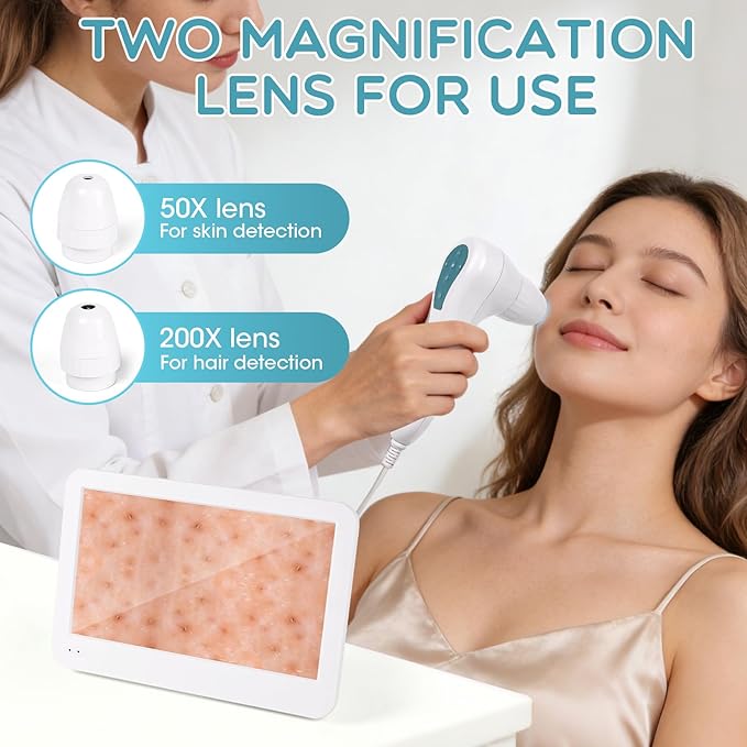 Skin Analysis Machine, 12 Inch LCD Screen Rechargeable Digital Scalp Camera for Hair Analysis, 50x/200x Dual Heads, Skin Health Detection Use for Home, Salon and Spa