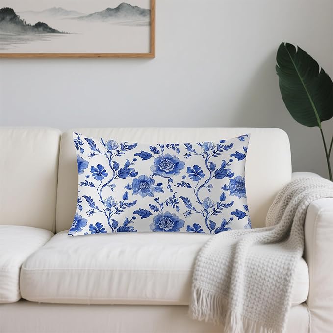 Satin Pillowcase 1 Pack-Vintage Blue Floral Silky Pillow Cover for Hair and Skin,Standard Size 20x26 Inch Soft Cooling Printed Pillow Cases with Hidden Zipper,Gifts for Women Men