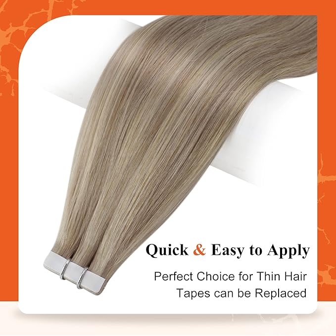 Full Shine Seamless Tape in Hair Extensions 12Inch Color 18 Ash Blonde Highlight 613 Blonde Double Side Invisible Tape in Extensions Short Straigh Real Human Hair 30 Gram Add Volume 20Pcs for Party