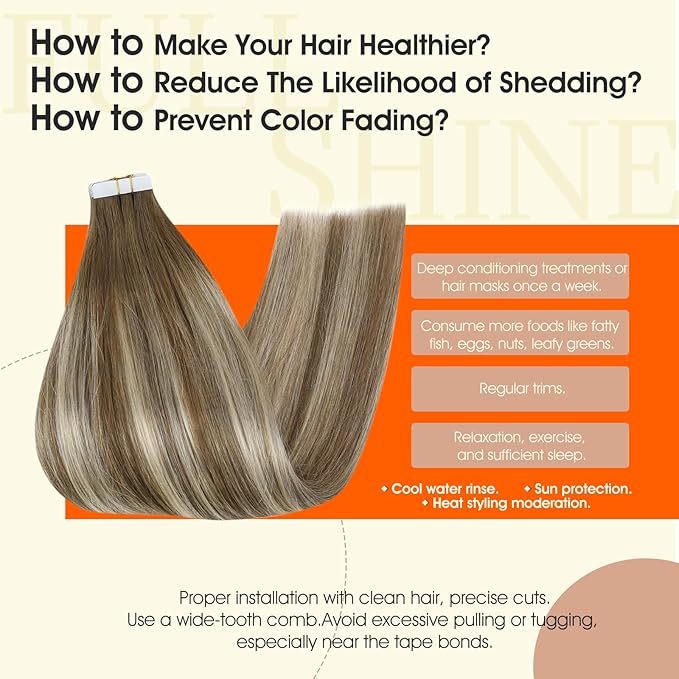 Full Shine Tape in Hair Extensions Real Human Hair 22Inch Seamless Tape Hair Extensions Color 6/60/6 Chestnut Brown Ombre to Blonde Highlighted Brown Tape ins Silky Soft Hair Add Length 50G 20pcs