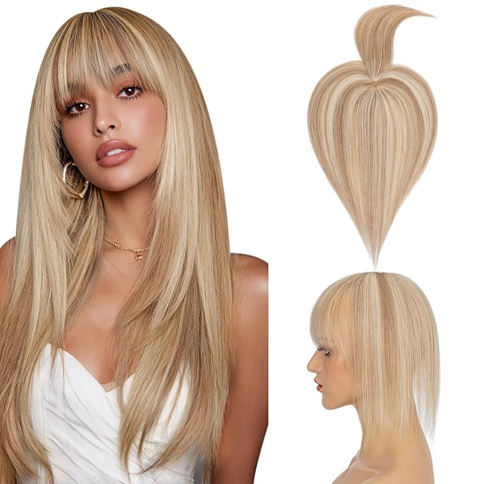 Hairro Mono Hair Toppers with Bangs, 3.4" x 3.4" Mono Base 100% Real Human Hairpieces for Women, 150% Density Clips In Topper for Greyish Thinning Hair, 16 Inch Golden Brown Mix Bleach Blonde