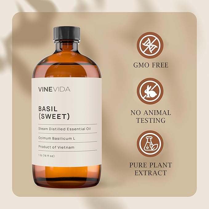 VINEVIDA Sweet Basil Essential Oil - 16 oz - Undiluted - DIY Candle Scents - Bulk for Soap Making & Skin Safe