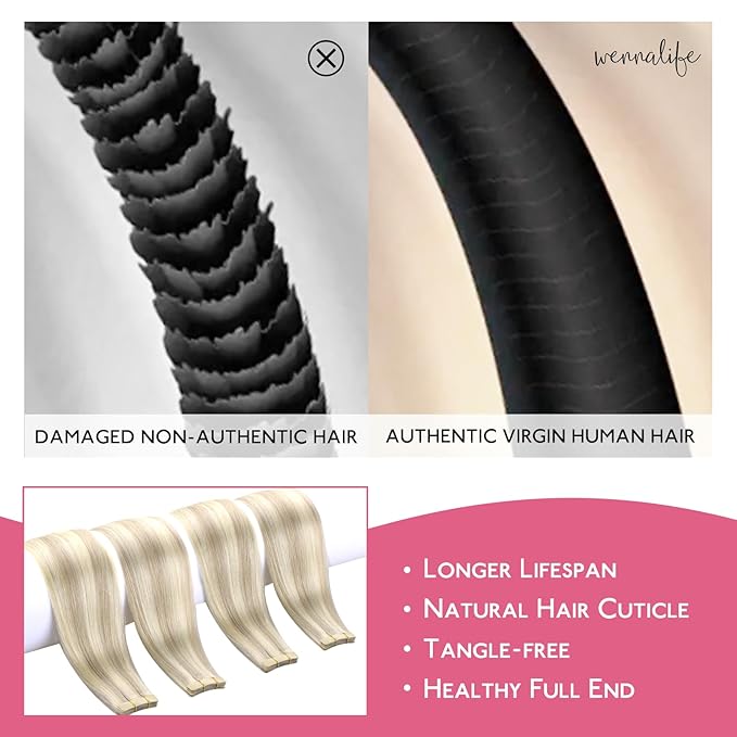 WENNALIFE Tape in Hair Extensions Human Hair Ash Blonde Highlighted Platinum Blonde Tape in Extensions, 10pcs 25g 18 inch Remy Invisible Tape Ins Straight Soft Real Human Hair Tape in Extensions