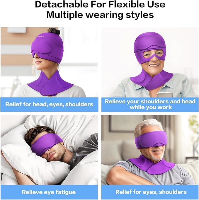 3 in 1 Migraine Relief Cap Neck Ice Pack Wrap Gel and Ice Eye Masks, Detachable Ice Caps with Eyes Masks, Hot and Cold Therapy for Relief of Headaches, Stiff Neck and Eye Fatigue (Purple)