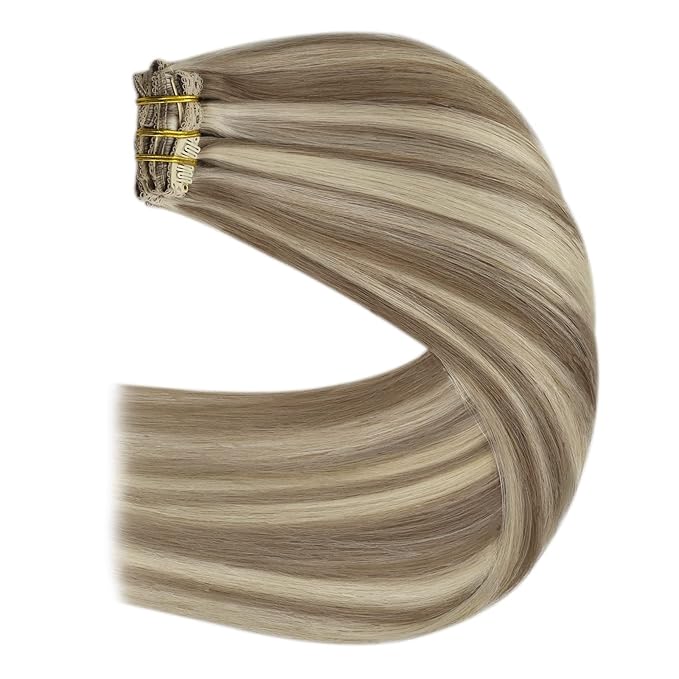 YoungSee Highlights Clip in Hair Extensions Human Hair Brown Highlight Clip in Extensions Light Brown with Blonde Real Hair Extensions Clip in Human Hair Easy to Wear 7Pcs 120G 20Inch