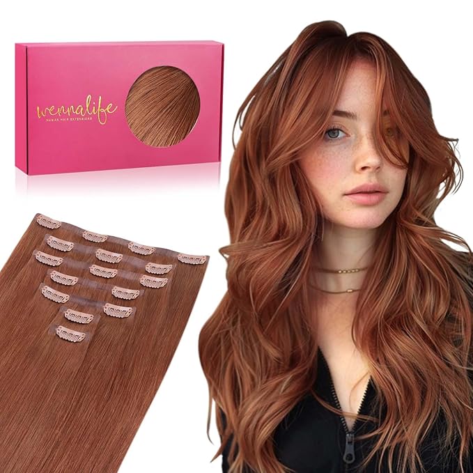 WENNALIFE Seamless Clip In Human Hair Extensions, 20 Inch 150g 7pcs Dark Auburn Copper Real Hair Extensions Clip in Human Hair Invisible PU Skin Weft Natural Remy Hair