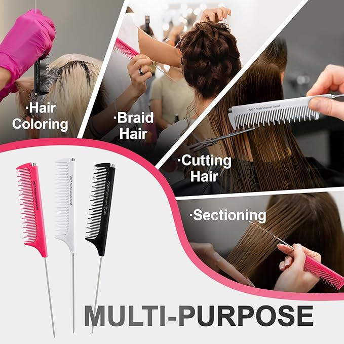 Rat Tail Combs for Parting,Protable Retractable Rat Tail Comb-Parting Combs for Hair Stylist-Stainless Steel Pin Tail Fine Tooth Teasing Comb Heat Resistant Anti Static(Pink)