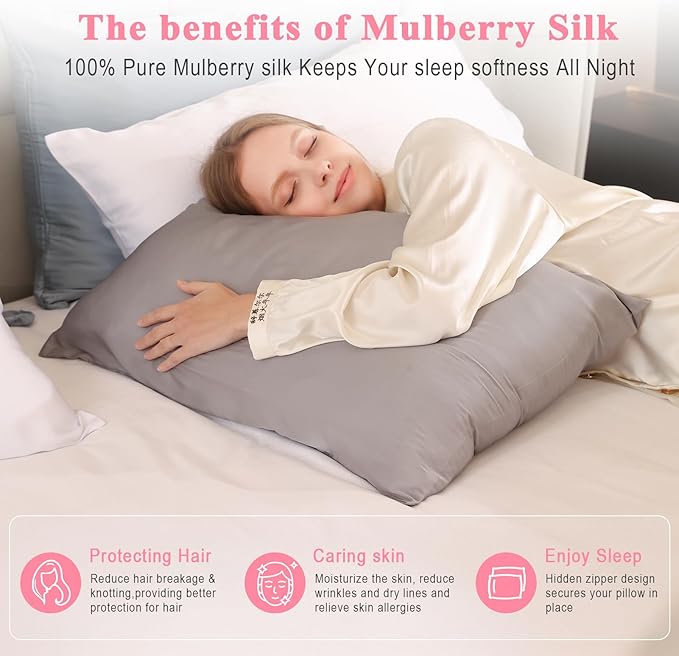 100% Pure Silk Pillowcase 2 Pack for Hair and Skin, Both Sides 23 Momme Grade 6A+ Mulberry Silk Pillowcases with Hidden Zipper, Soft&Smooth Cooling Pillow Cases (Gray, Queen 20x30)