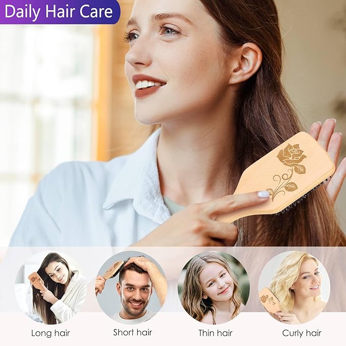 Bsisme Hair Brush-Boar Bristle Hairbrush with Detangling Pins Wooden Paddle Detangler Hairbrush for Women Men Reduce Frizz Dry Restore Natural Shine