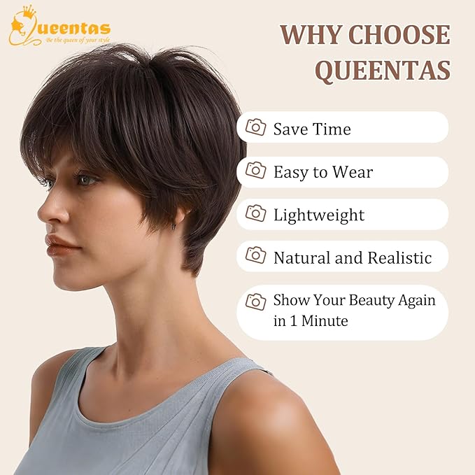 QUEENTAS Brown Short Hair Toppers for Women with Thinning Hair 360°3D Cover with 3 Clips Hair Pieces Wispy Bangs 4.6"*3.6" Coverage(Dark Brown/#2)